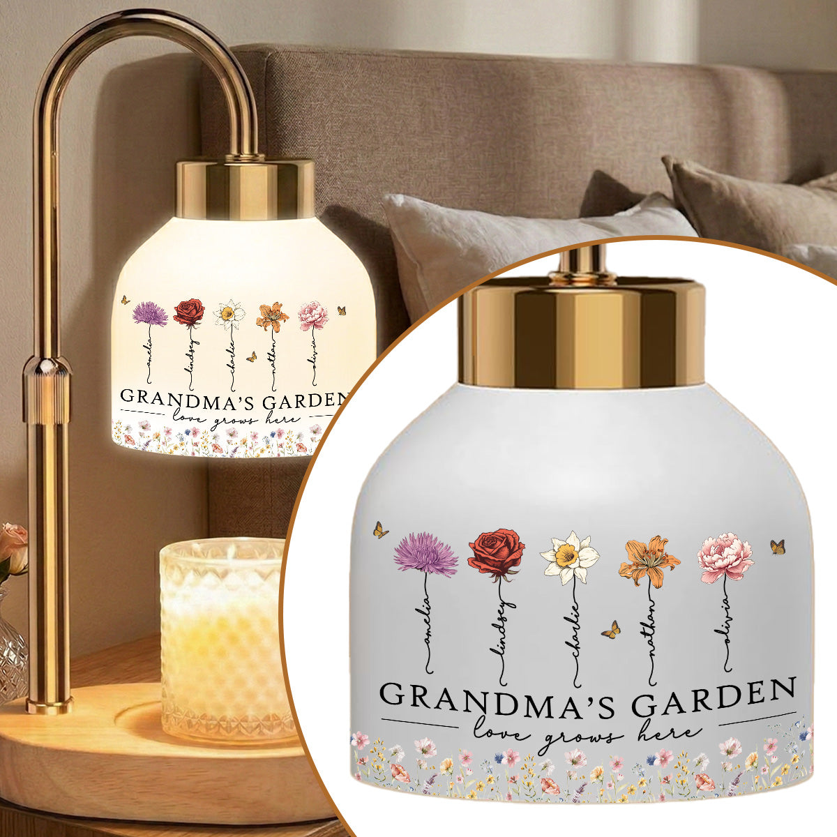 Grandma's Garden Birth Month Flower - Personalized Candle Warmer Lamp - Vintage Home Decor Gift For Grandma