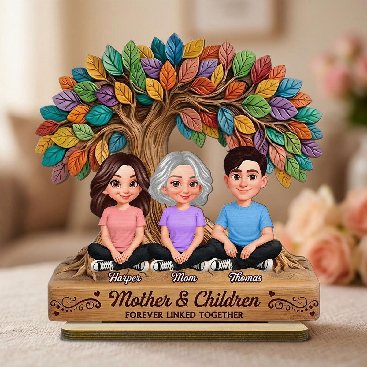 Mom And Son Daughter Under Colorful Tree Of Life - Personalized 2-layered Wooden Plaque - Gift For Mom