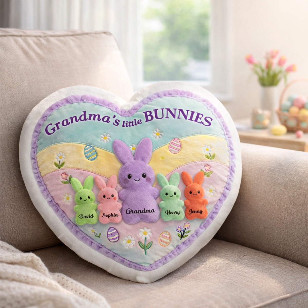 Grandma And Grandkids Bunnies - Personalized Faux Fur Pillow - Easter Decor Gift For Grandma, Mom