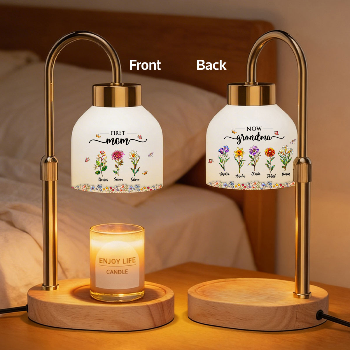 First Mom Now Grandma Custom Birth Flower - Personalized Candle Warmer Lamp - Heartfelt Mother's Day Gift For Grandma, Mom, Wife