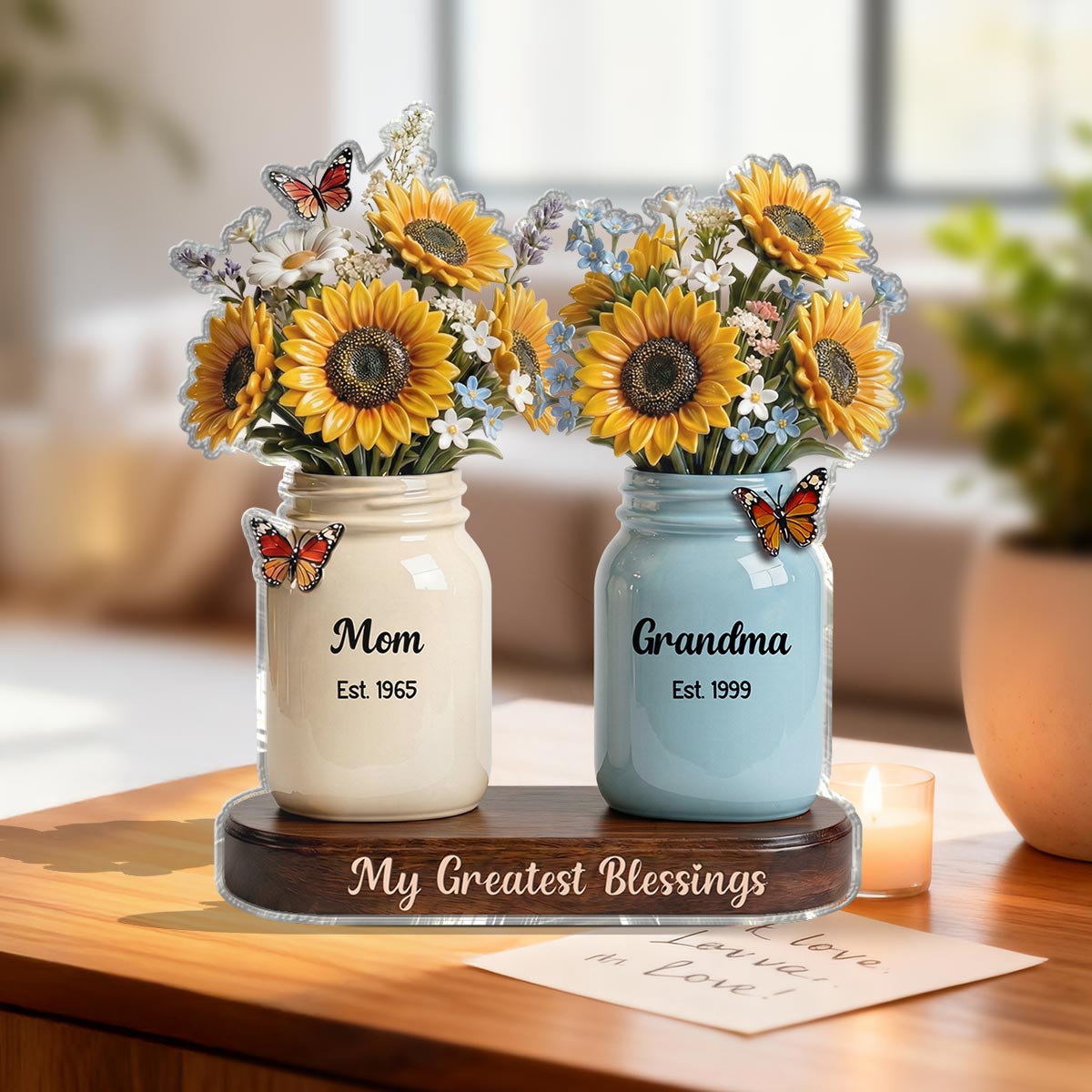Mom Grandma Great Grandma Sunflowers Jars Est. Years 2d Flat - Personalized Acrylic Block Plaque